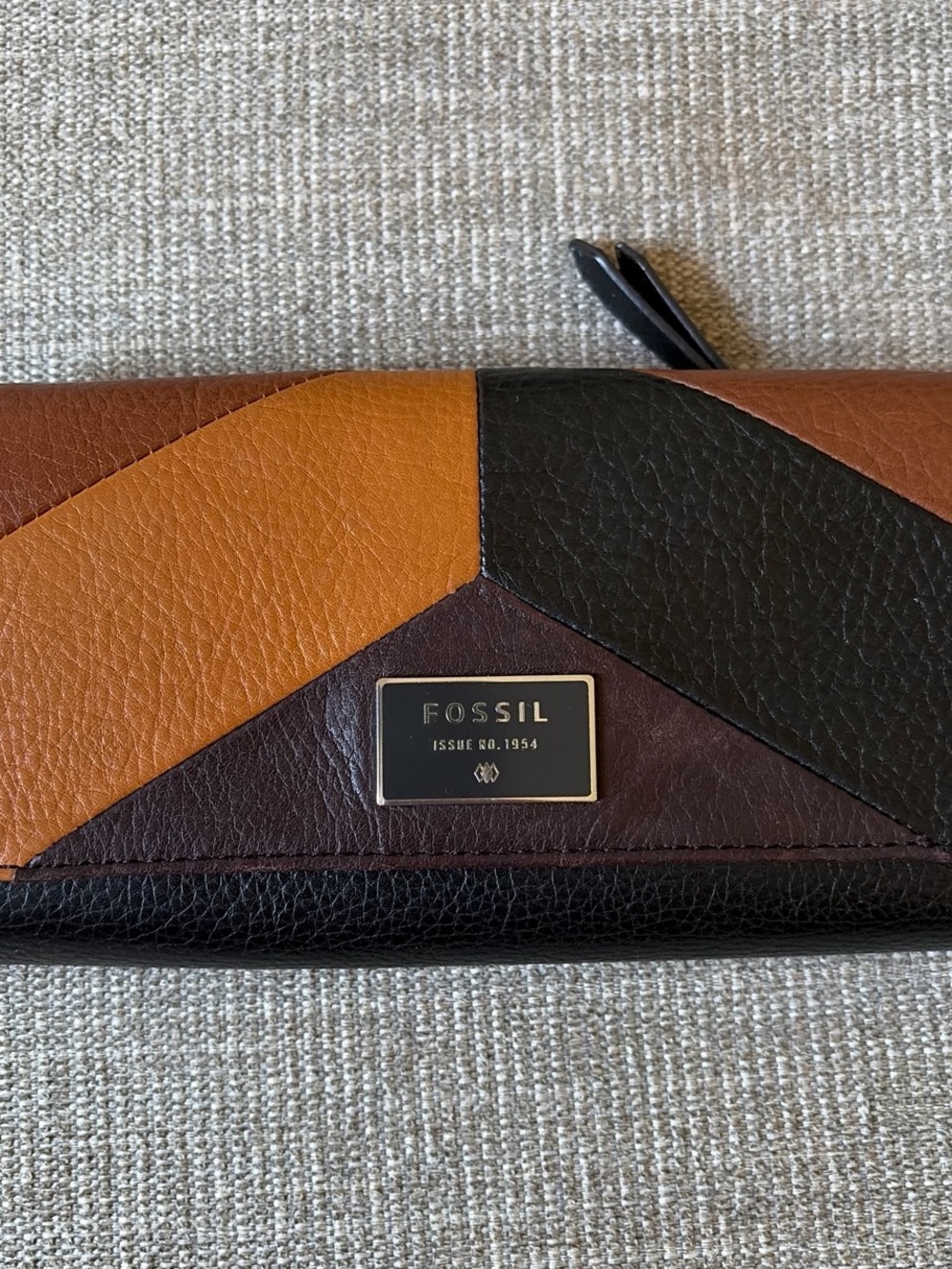 Fossil Tri-Panel Leather Zip Wallet in Brown, Black, Tan